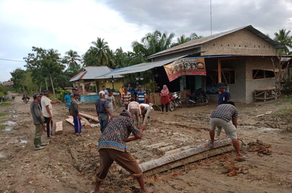Prihatin Jalan Rusak, Warga Kapal Merah Timbun Jalan Pakai Batang Kelapa